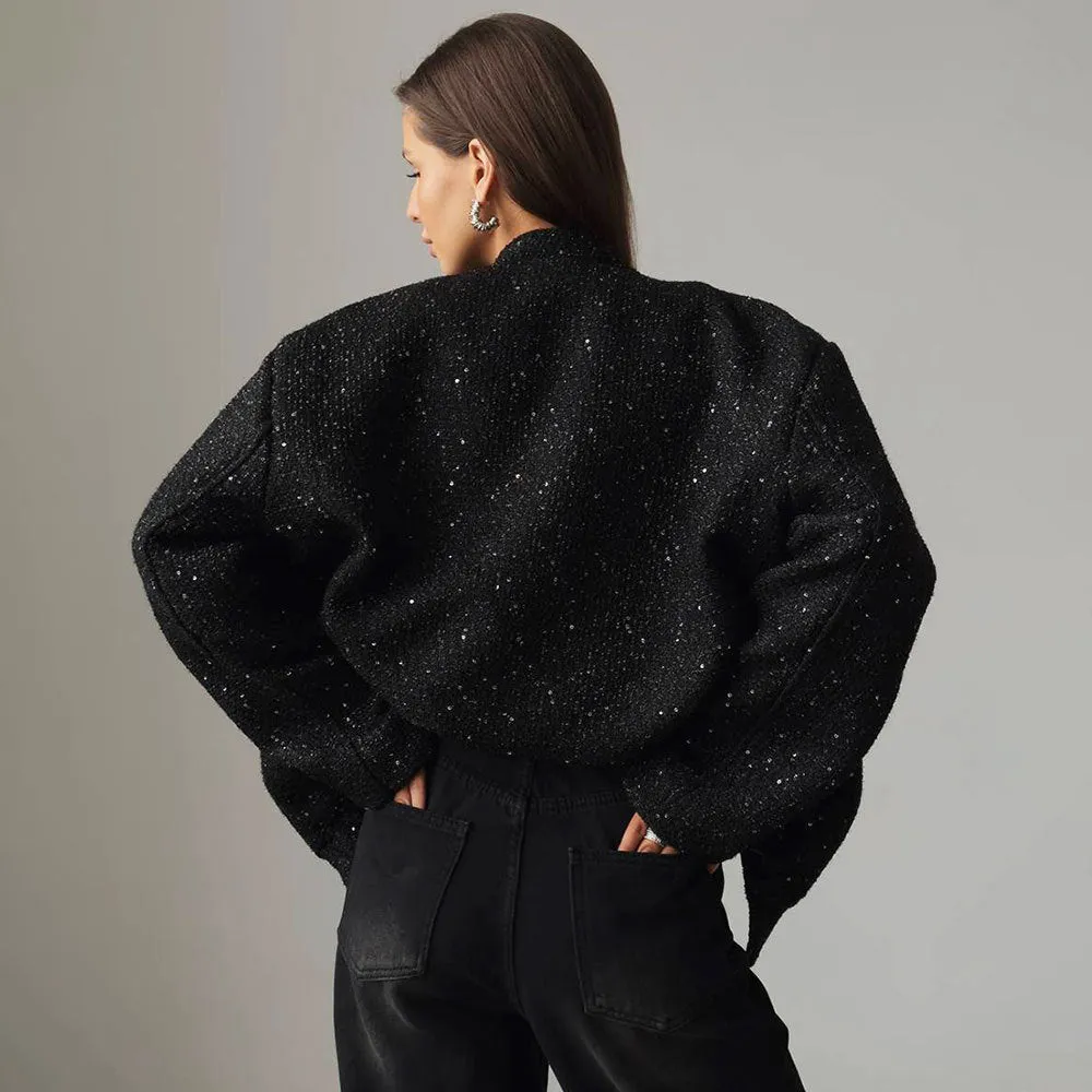 KKBOXLY Cross-border gold silk bead jacket Europe and America New new INS new fashion sequined stand-up collar loose jacket