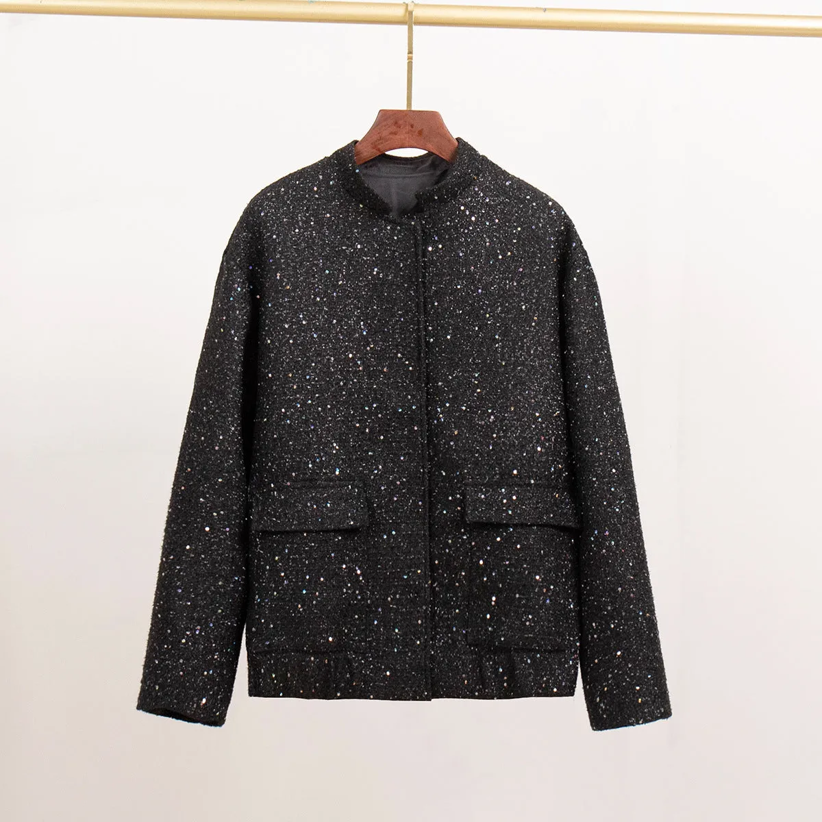 KKBOXLY Cross-border gold silk bead jacket Europe and America New new INS new fashion sequined stand-up collar loose jacket