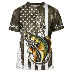 Lake Grass Camo US Flag Custom Walleye Patriotic Fishing T-Shirts With Name IPHW8166