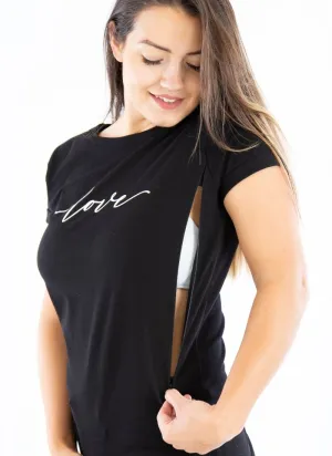 LOVE Breastfeeding T-shirt with Zips - Black (Organic Cotton)