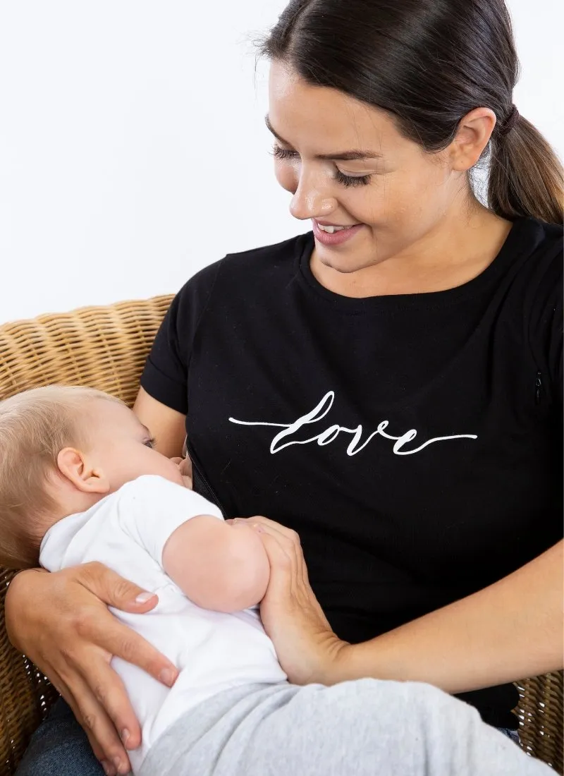 LOVE Breastfeeding T-shirt with Zips - Black (Organic Cotton)