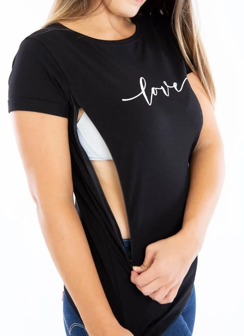 LOVE Breastfeeding T-shirt with Zips - Black (Organic Cotton)