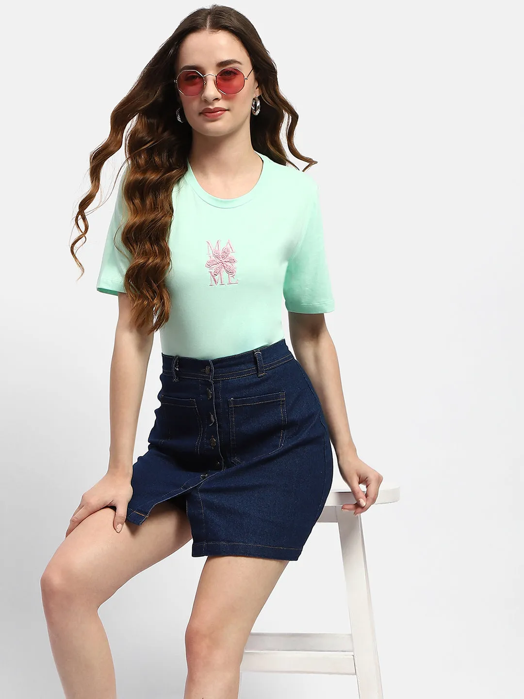 Madame Embroidered Mint Green Regular T-Shirt