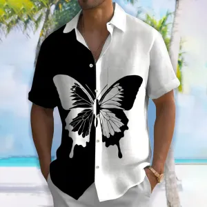 Men's Butterfly Print Lapel Short-Sleeved Shirt