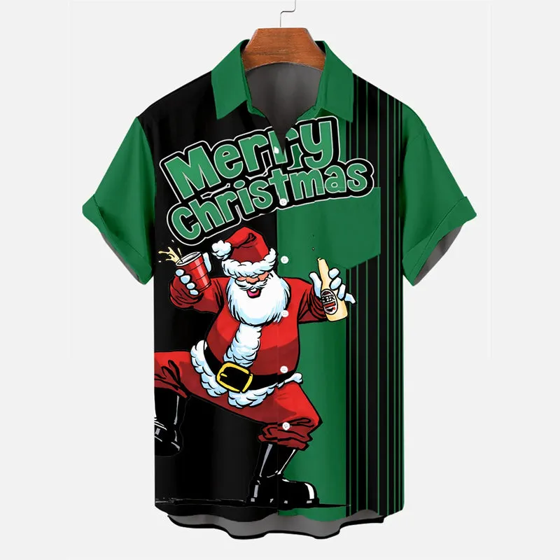 Men's Drink With Father Christmas Printed Short Sleeve Shirt 2411006052