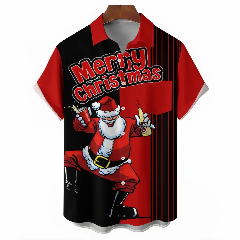 Men's Drink With Father Christmas Printed Short Sleeve Shirt 2411006052