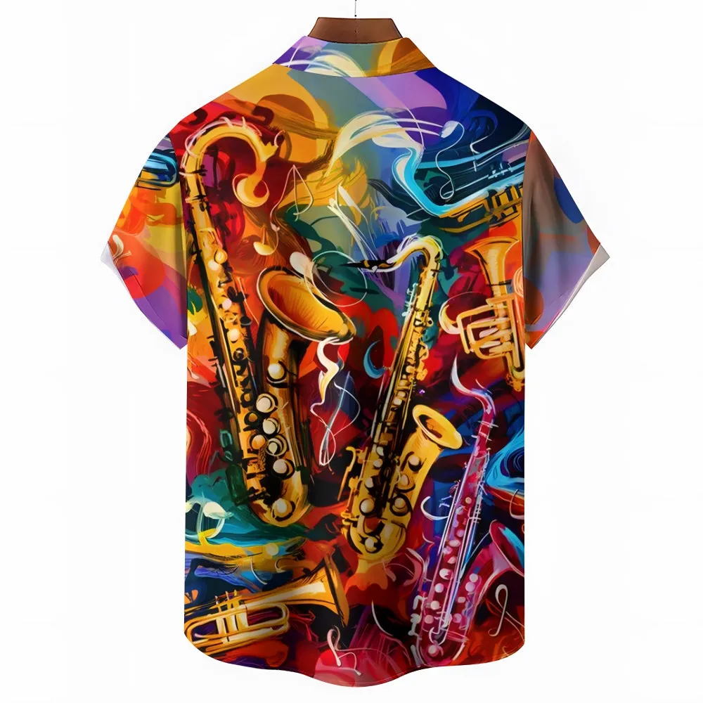 Men's Music Saxophone Print Casual Short Sleeve Shirt 2412007593