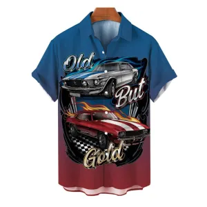 Men's Retro Contrast Color Car Printed Short Sleeve Shirt