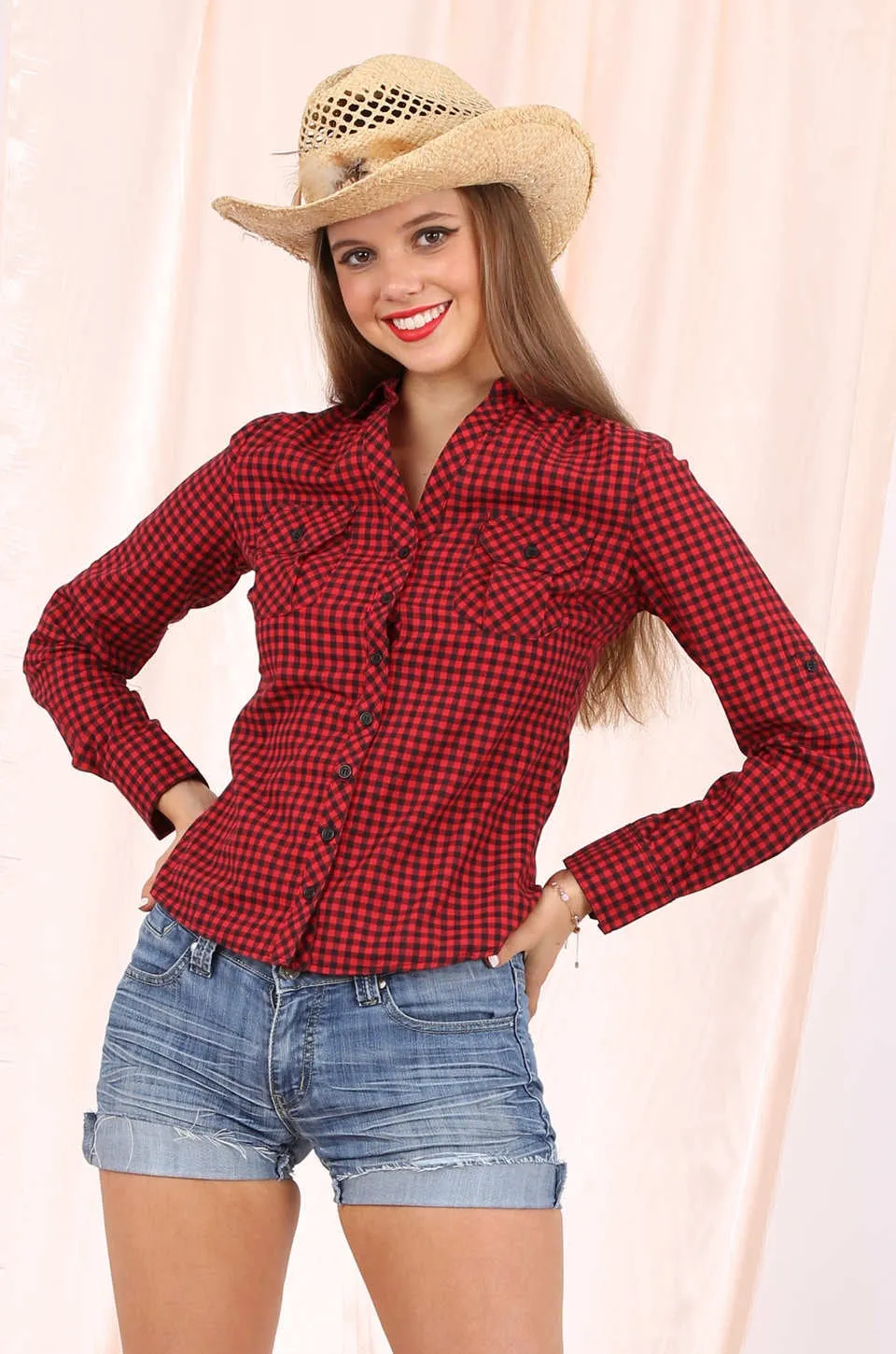 MISS PINKI Talia long sleeve cow girl shirt check shirt - red