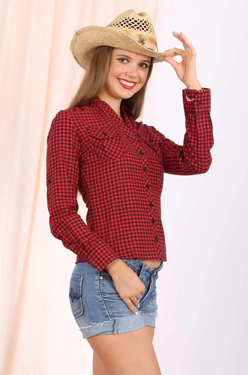 MISS PINKI Talia long sleeve cow girl shirt check shirt - red