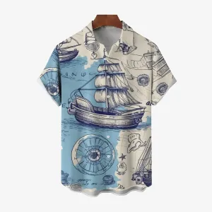 Nautical Sailboat Print Chest Pocket Short Sleeve Shirt 2411006014