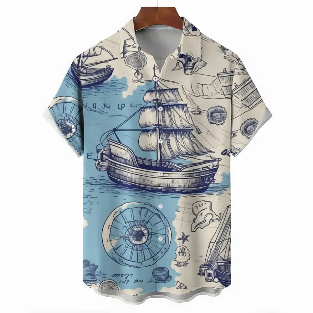 Nautical Sailboat Print Chest Pocket Short Sleeve Shirt 2411006014