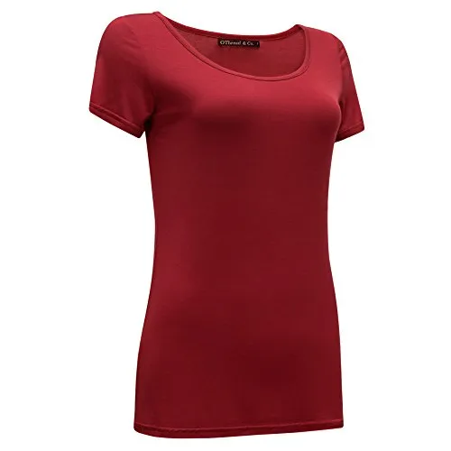 OThread & Co. Women's Plain Basic Spandex Short Sleeves T-Shirt Scoop Neck Tee (X-Large, Burgundy)