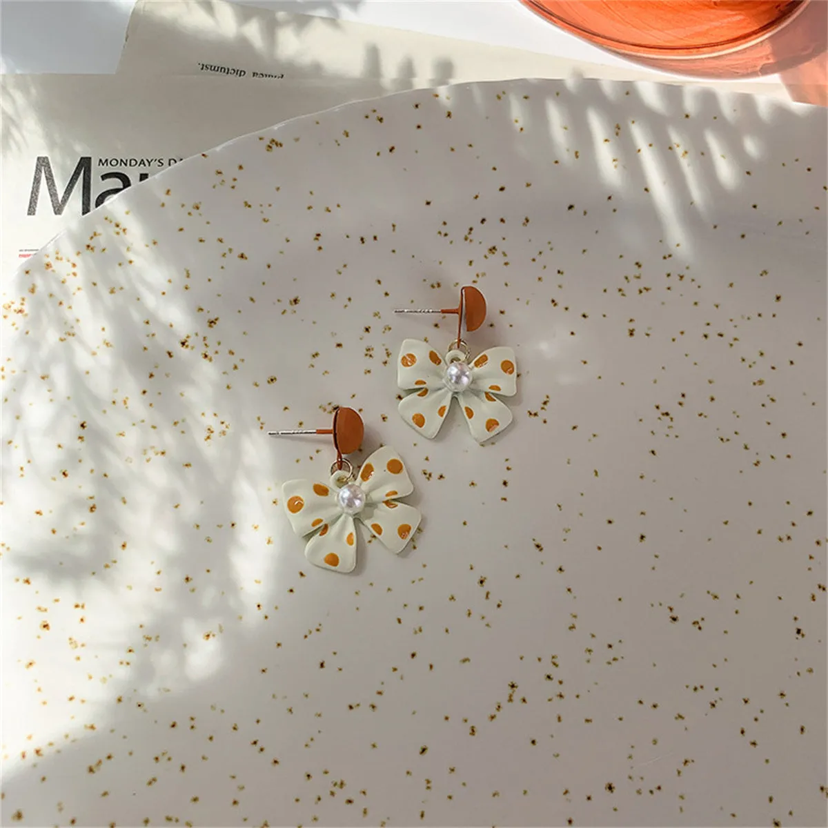 Pearl & Orange Polka Dot Bow Drop Earrings