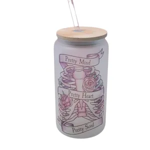 Pretty Mind Pretty Heart Pretty Soul Skeleton 16oz Glass Libby Tumbler w/ Bamboo lid