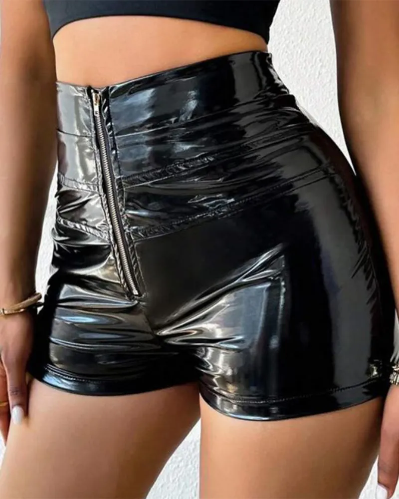PU High-Waisted Elastic Splicing Shorts