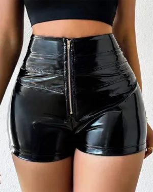 PU High-Waisted Elastic Splicing Shorts