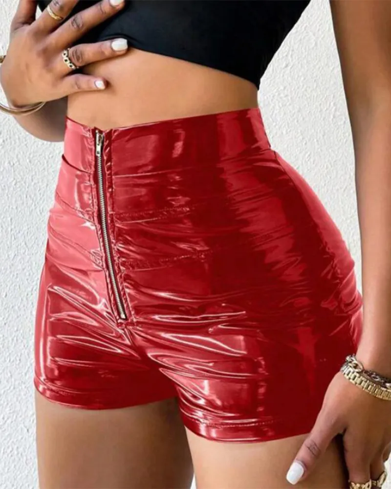 PU High-Waisted Elastic Splicing Shorts