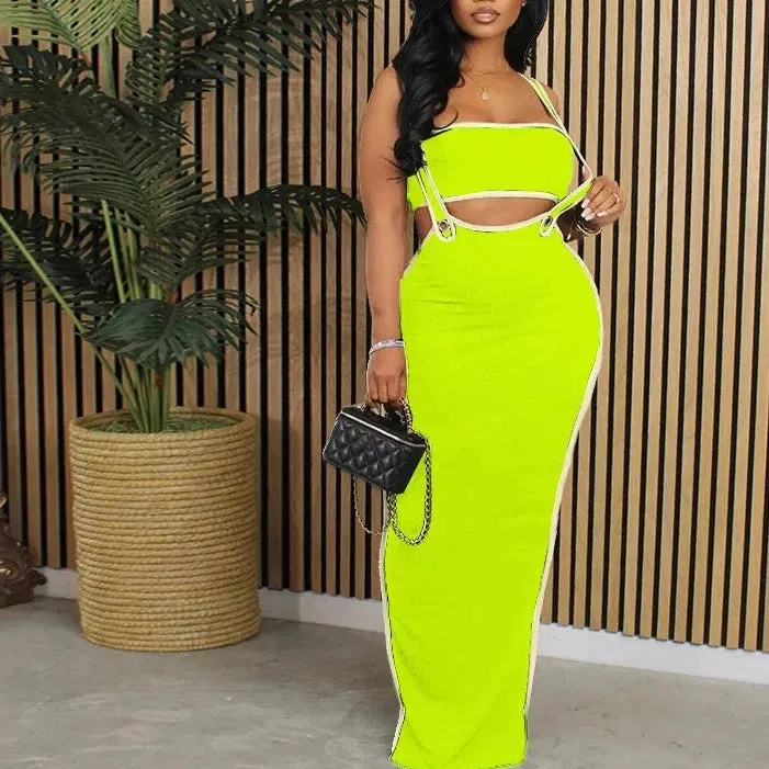 Pullover Vest Sleeveless Top And Spaghetti Strap Maxi Skirts