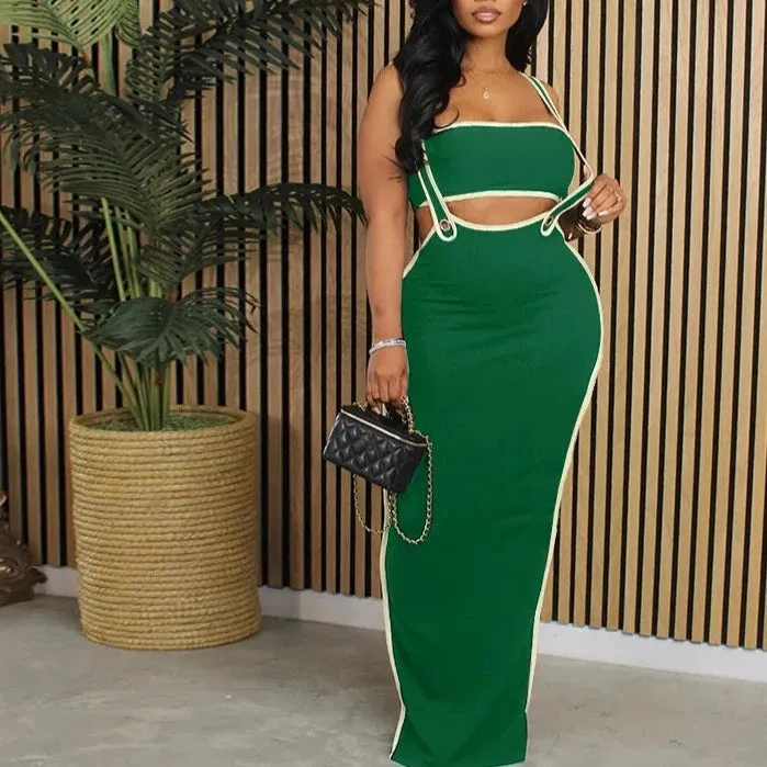Pullover Vest Sleeveless Top And Spaghetti Strap Maxi Skirts