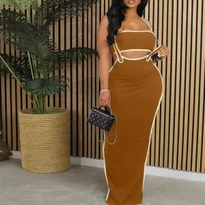 Pullover Vest Sleeveless Top And Spaghetti Strap Maxi Skirts