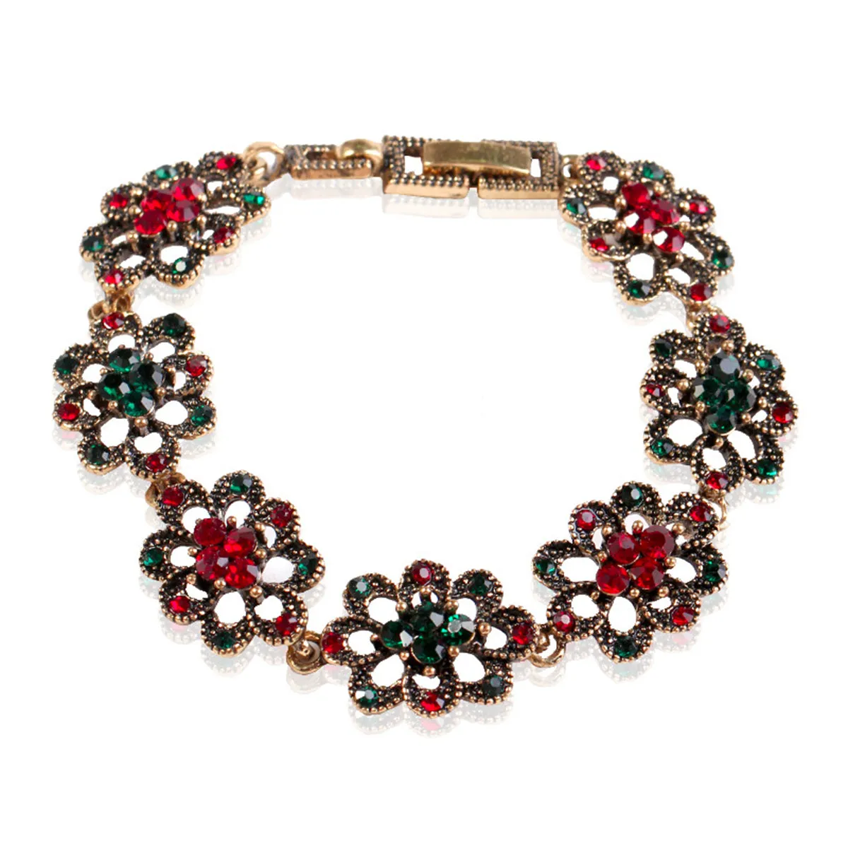 Red & Green Cubic Zirconia Flower Station Bracelet