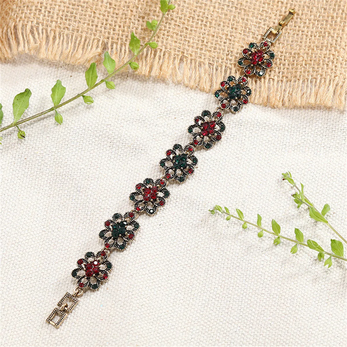 Red & Green Cubic Zirconia Flower Station Bracelet