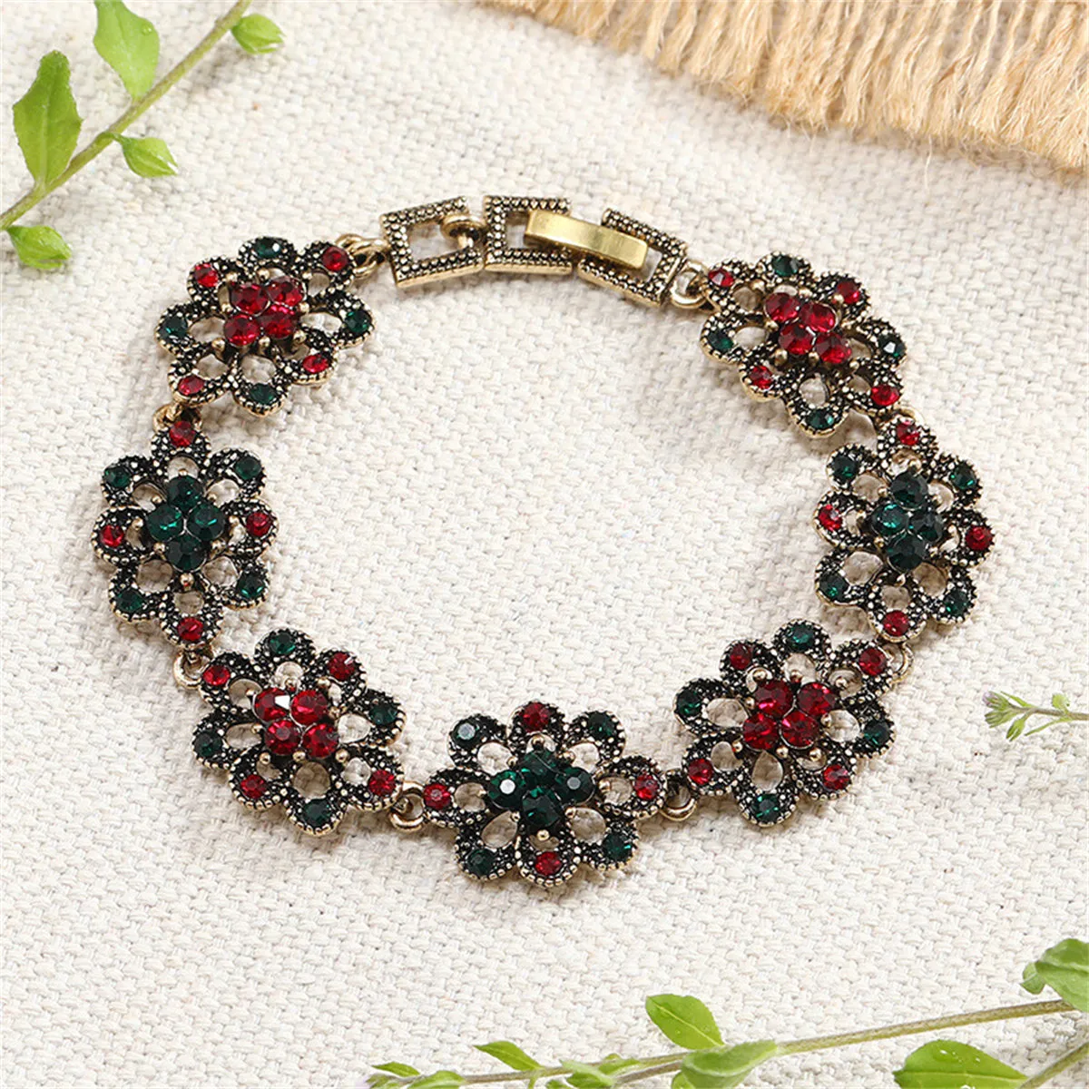 Red & Green Cubic Zirconia Flower Station Bracelet