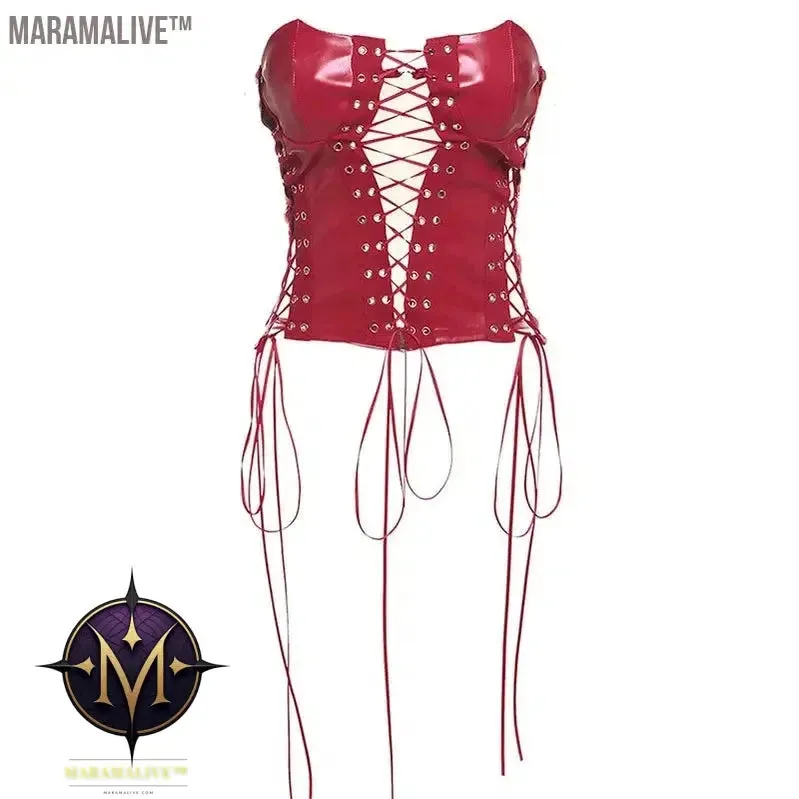 Sexy Gothic Women PU Leather Corsets Bustiers Lace-up Bandage Crown Girdle Slim Waist Back Zipper Strap Corset Tops Curve Shaper