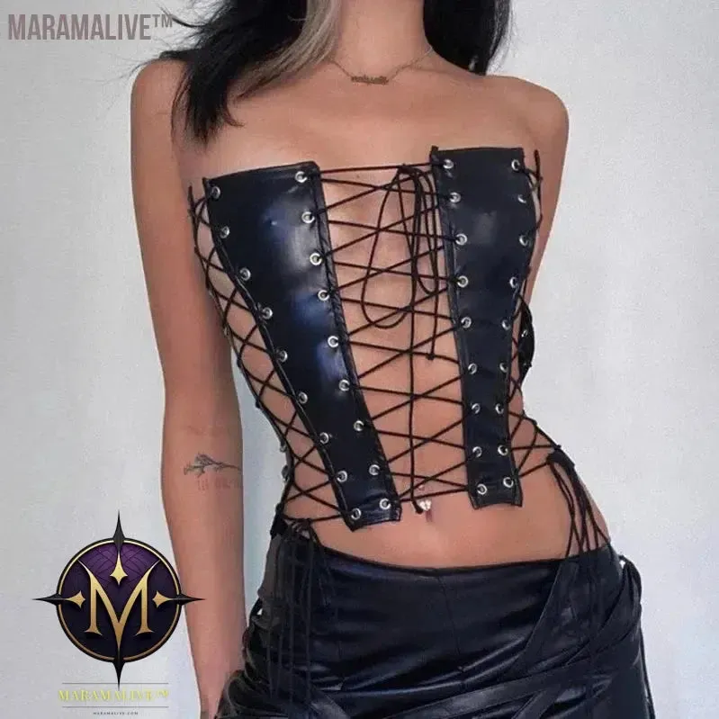 Sexy Gothic Women PU Leather Corsets Bustiers Lace-up Bandage Crown Girdle Slim Waist Back Zipper Strap Corset Tops Curve Shaper