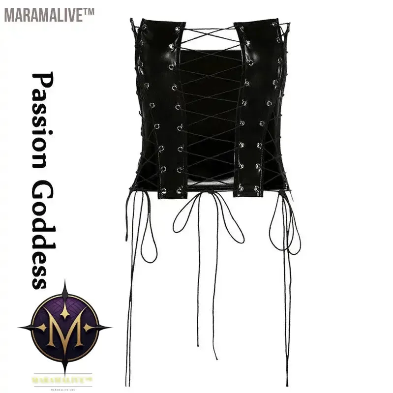 Sexy Gothic Women PU Leather Corsets Bustiers Lace-up Bandage Crown Girdle Slim Waist Back Zipper Strap Corset Tops Curve Shaper