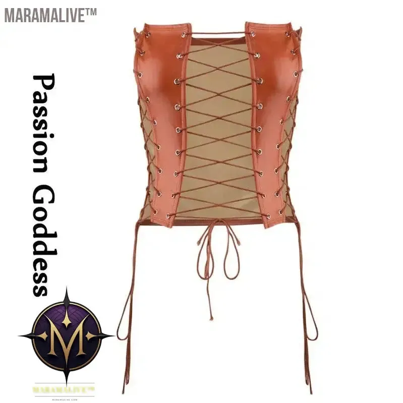 Sexy Gothic Women PU Leather Corsets Bustiers Lace-up Bandage Crown Girdle Slim Waist Back Zipper Strap Corset Tops Curve Shaper
