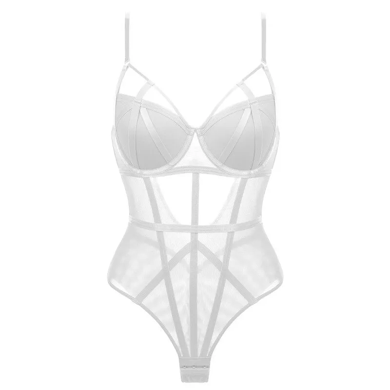 Sexy Transparent Corset Bustier / Strappy Padded Bodysuit / Women's Elastic Lingerie