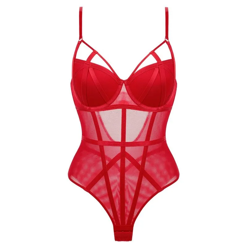 Sexy Transparent Corset Bustier / Strappy Padded Bodysuit / Women's Elastic Lingerie