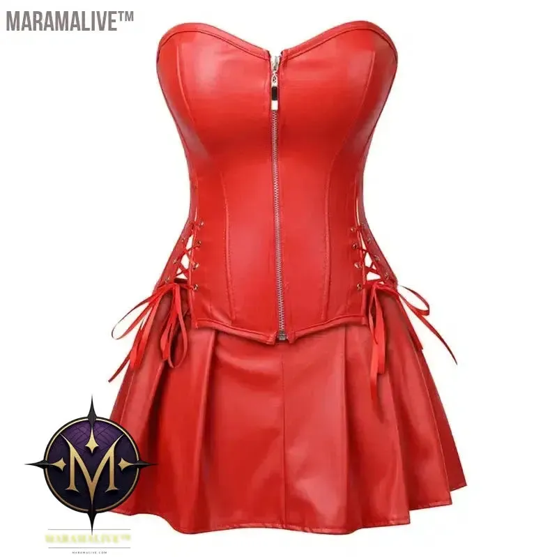 Sexy Womens Steampunk Corset Strapless Faux Leather Overbust Corset Dress Set Gothic Body Shaper Mini Skirt Dress Plus Size 6XL