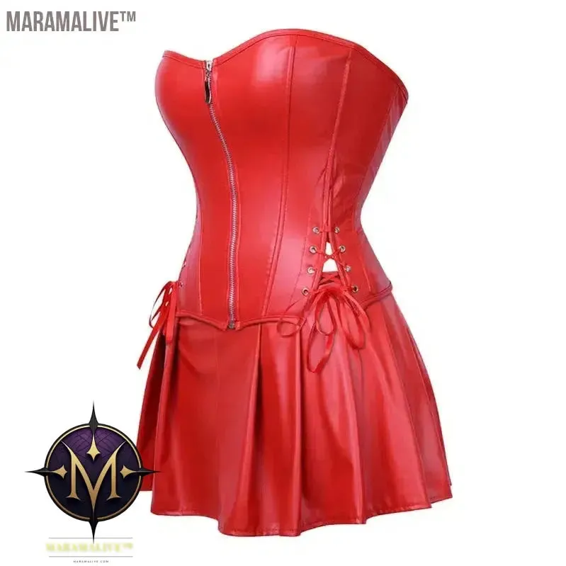 Sexy Womens Steampunk Corset Strapless Faux Leather Overbust Corset Dress Set Gothic Body Shaper Mini Skirt Dress Plus Size 6XL