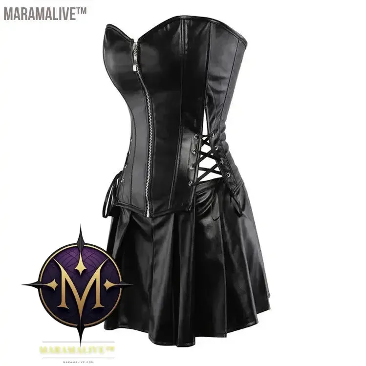 Sexy Womens Steampunk Corset Strapless Faux Leather Overbust Corset Dress Set Gothic Body Shaper Mini Skirt Dress Plus Size 6XL