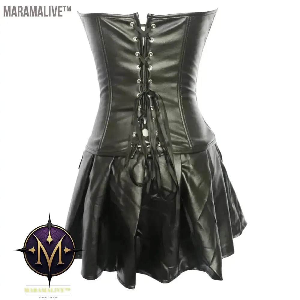 Sexy Womens Steampunk Corset Strapless Faux Leather Overbust Corset Dress Set Gothic Body Shaper Mini Skirt Dress Plus Size 6XL
