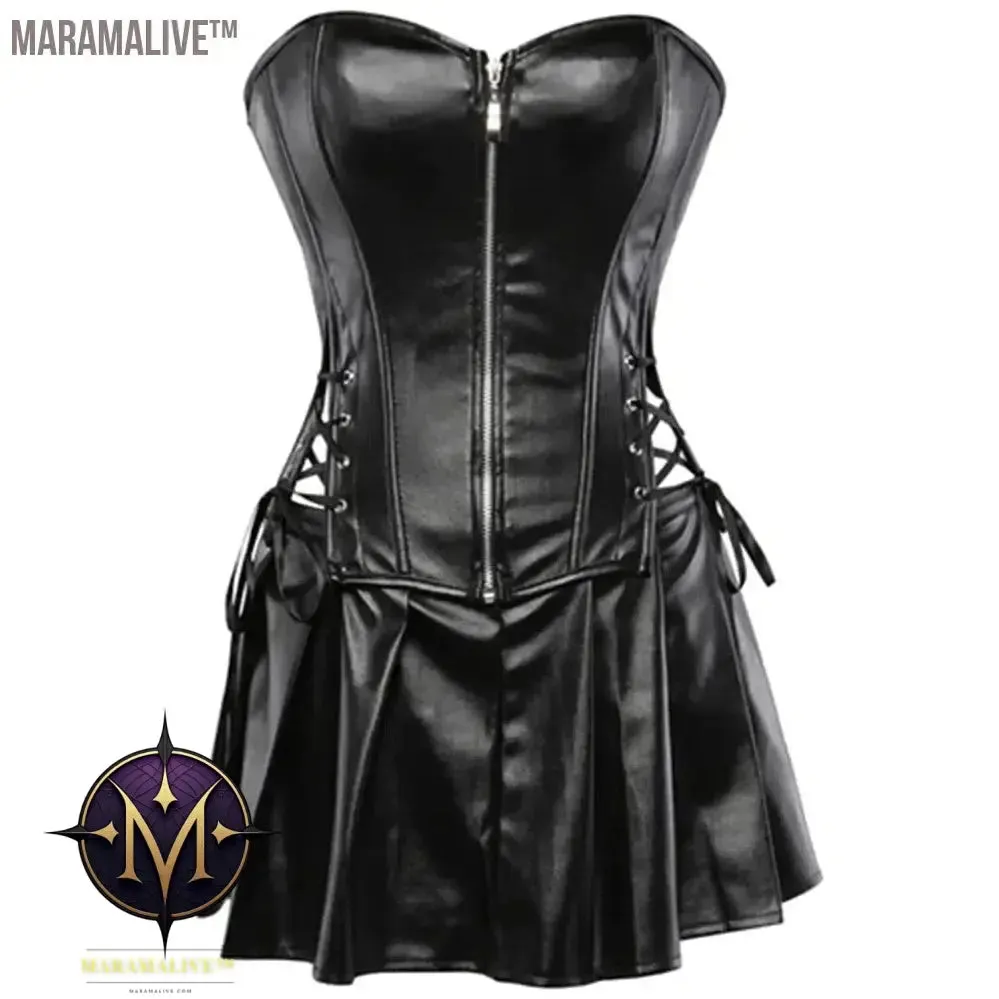 Sexy Womens Steampunk Corset Strapless Faux Leather Overbust Corset Dress Set Gothic Body Shaper Mini Skirt Dress Plus Size 6XL