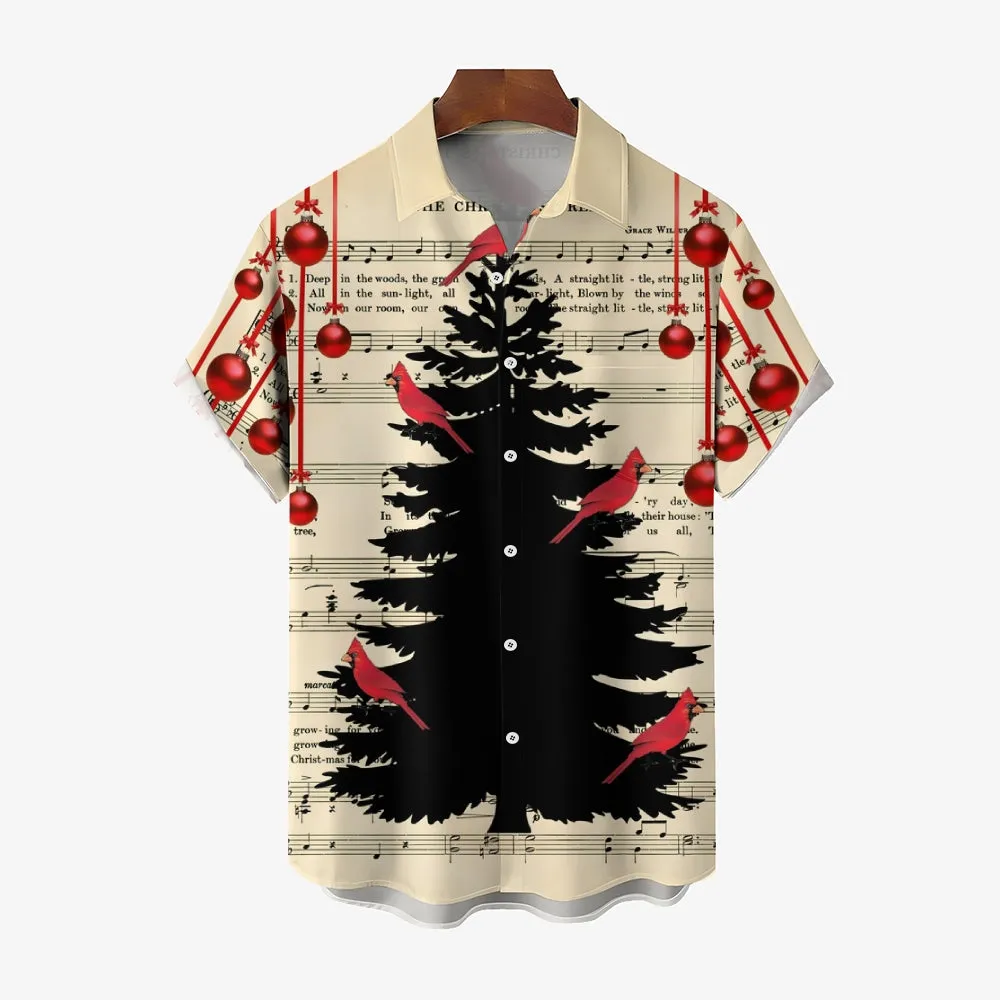 Sheet Music Christmas Tree Print Casual Short Sleeve Shirt 2410002063