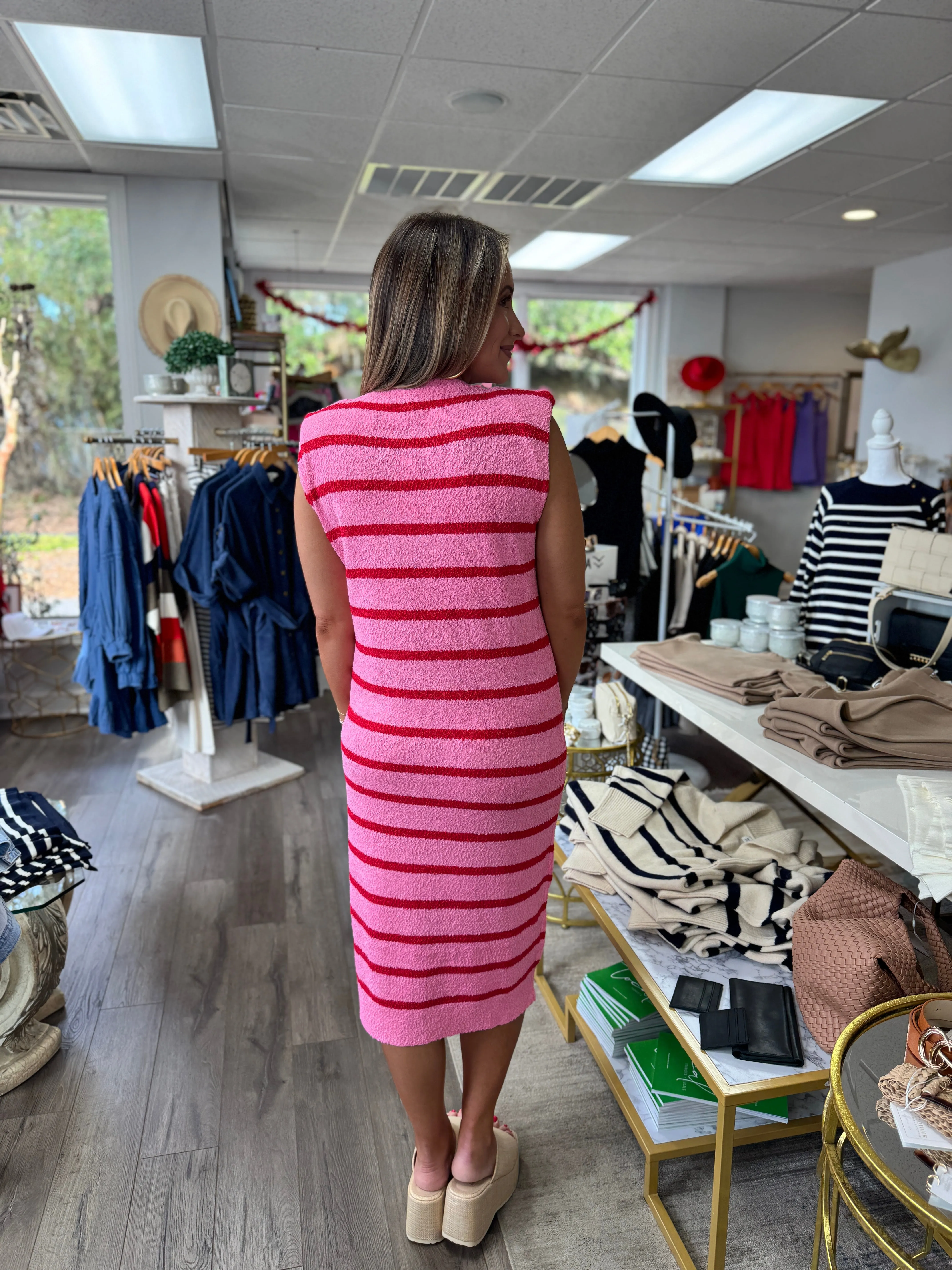 Sleeveless Textured Stripe Dress - Pink & Red