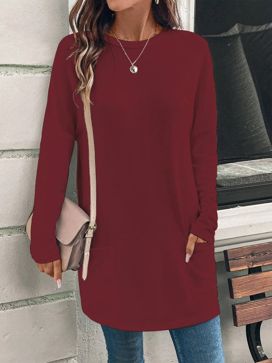 Solid Color Long Sleeve Loose Round Neck Pocket Top T-shirt