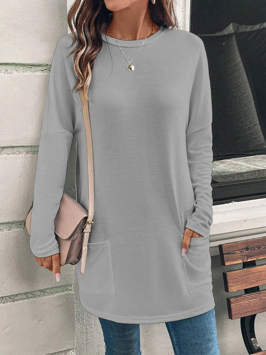 Solid Color Long Sleeve Loose Round Neck Pocket Top T-shirt