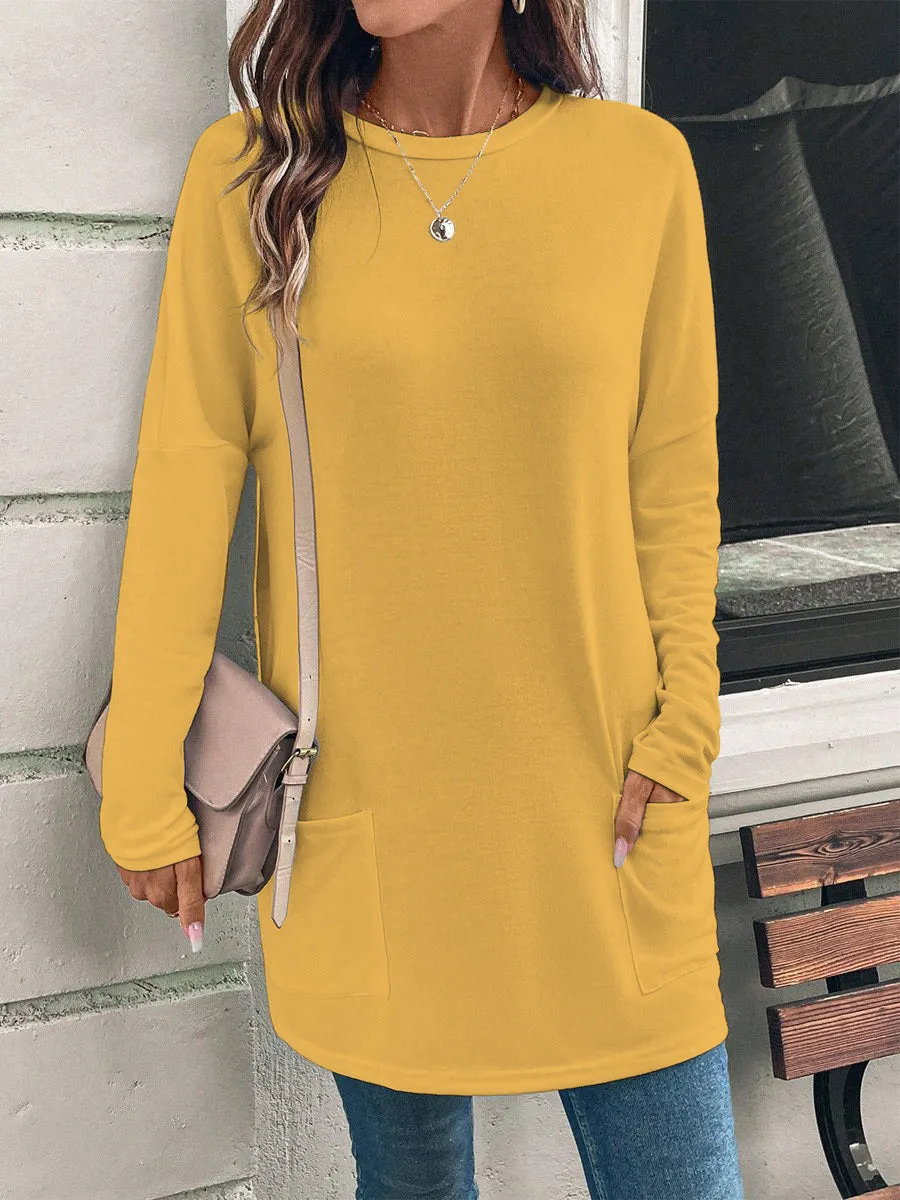 Solid Color Long Sleeve Loose Round Neck Pocket Top T-shirt