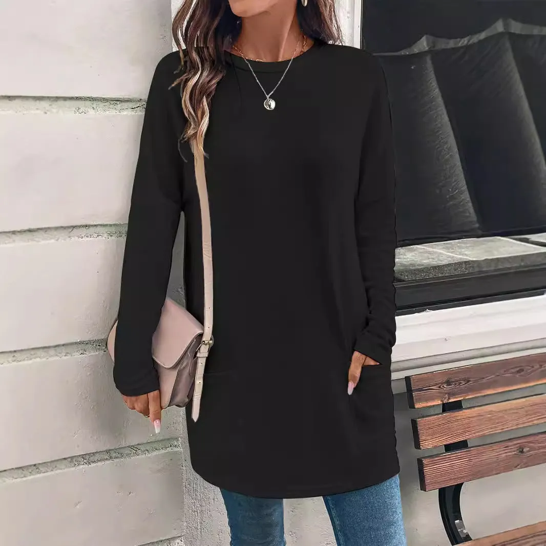 Solid Color Long Sleeve Loose Round Neck Pocket Top T-shirt