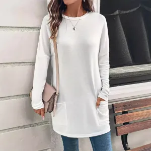 Solid Color Long Sleeve Loose Round Neck Pocket Top T-shirt