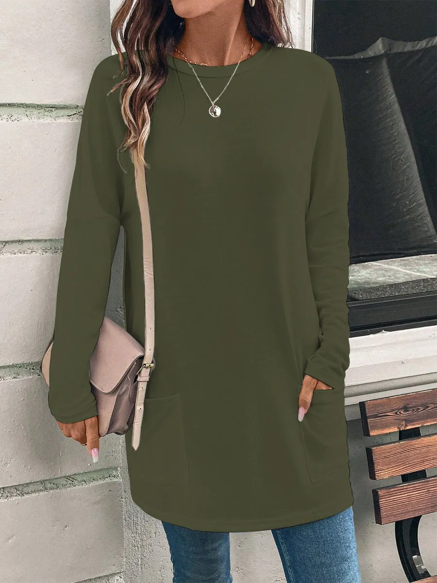 Solid Color Long Sleeve Loose Round Neck Pocket Top T-shirt