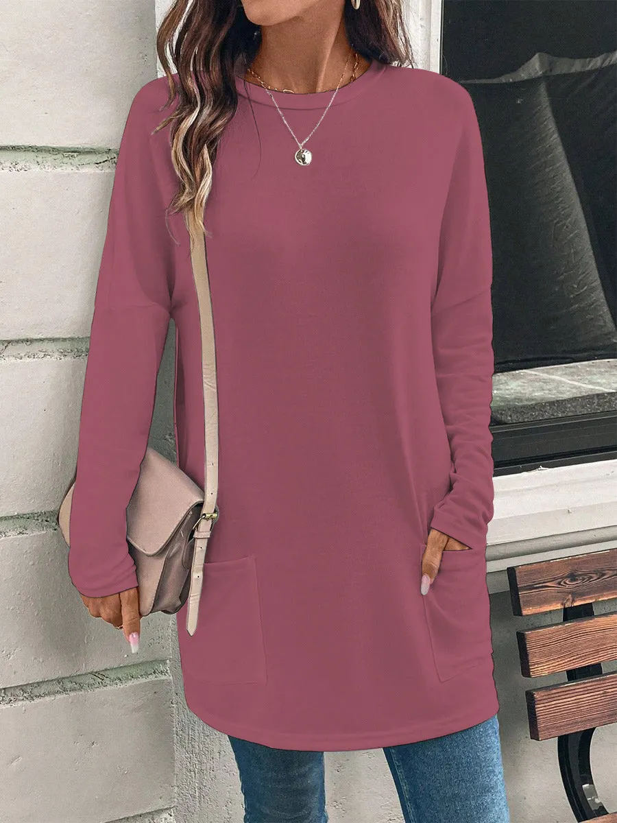 Solid Color Long Sleeve Loose Round Neck Pocket Top T-shirt