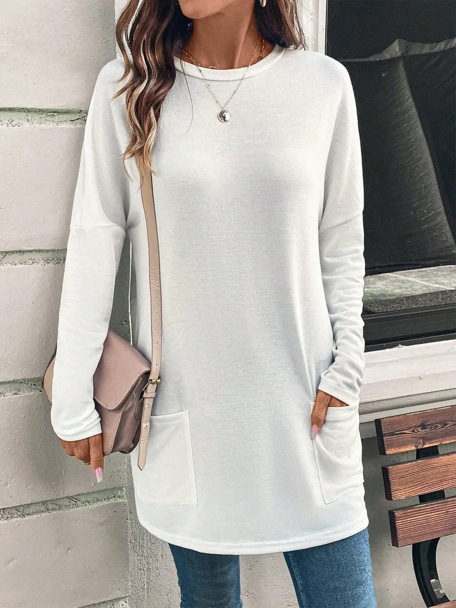 Solid Color Long Sleeve Loose Round Neck Pocket Top T-shirt