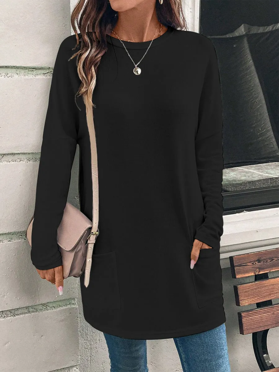 Solid Color Long Sleeve Loose Round Neck Pocket Top T-shirt
